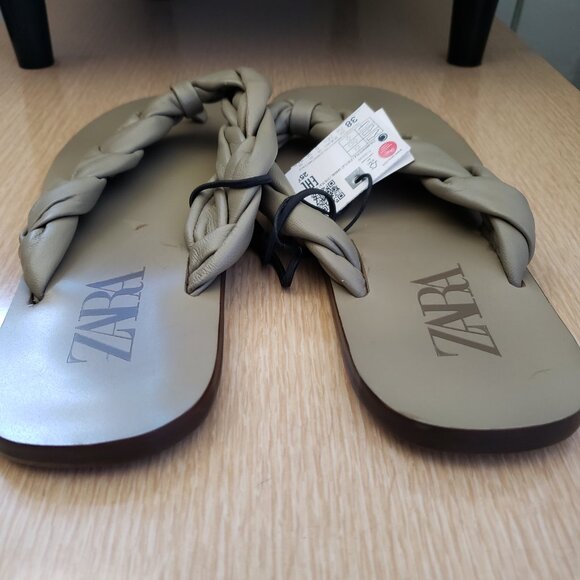 BNWT ZARA leather chunky braided flat thong sandals (7.5) olive - Picture 4 of 8